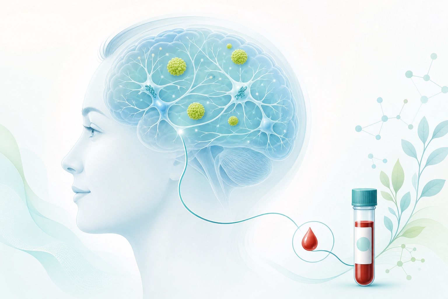 Illustration of Alzheimer’s-related amyloid and tau changes in the brain connected to a blood sample for p-Tau217 biomarker testing