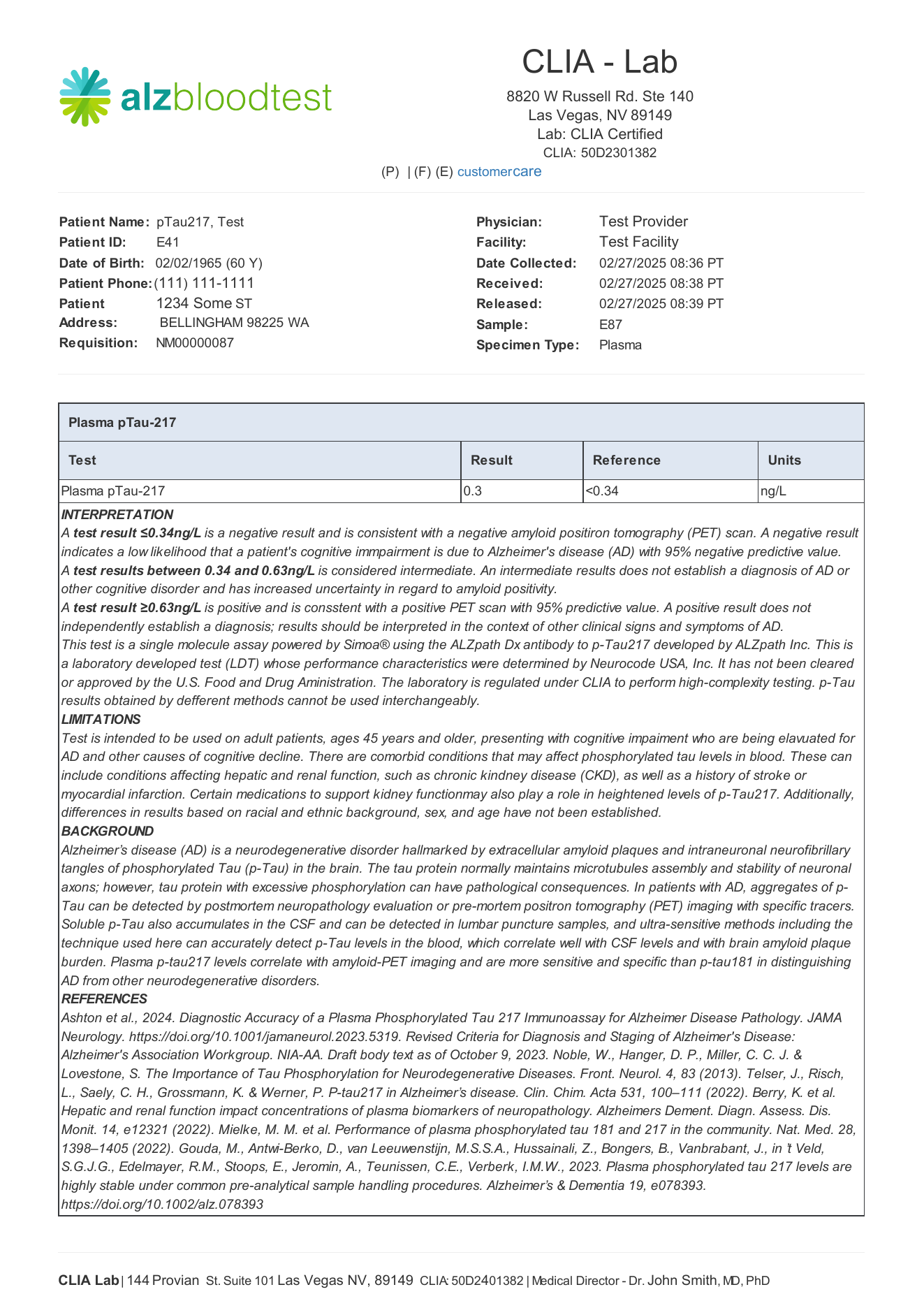 Preview of the ALZ Blood Test sample report